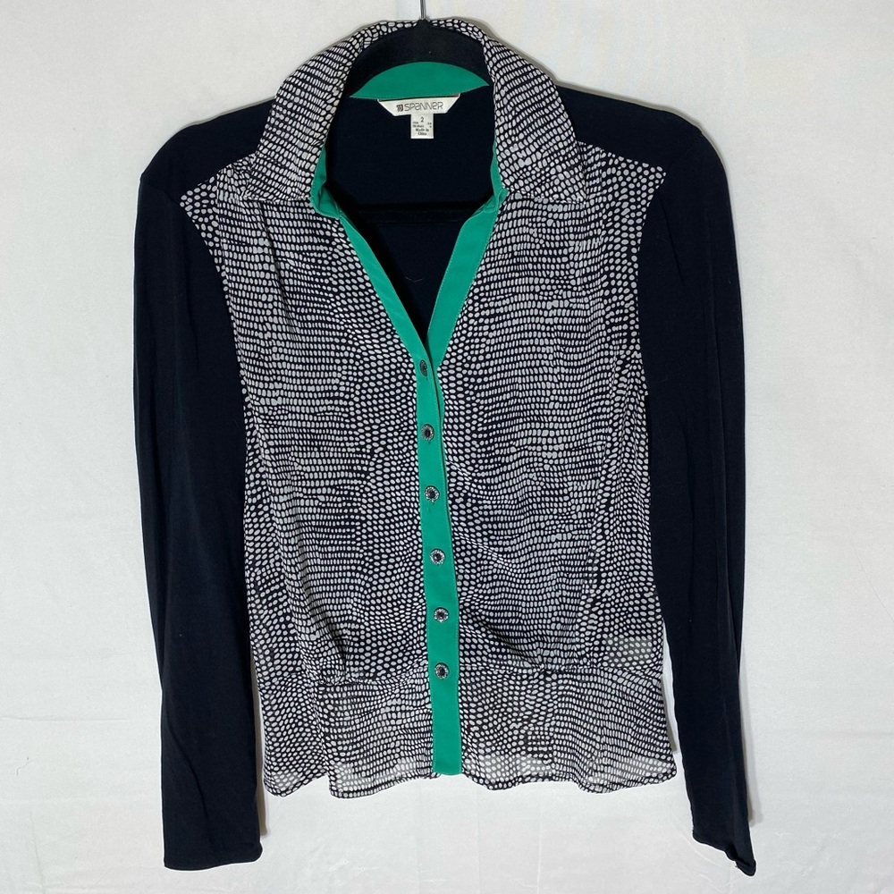Vintage Spanner Black White Dots Print Button Up Blouse with Green Trim 2